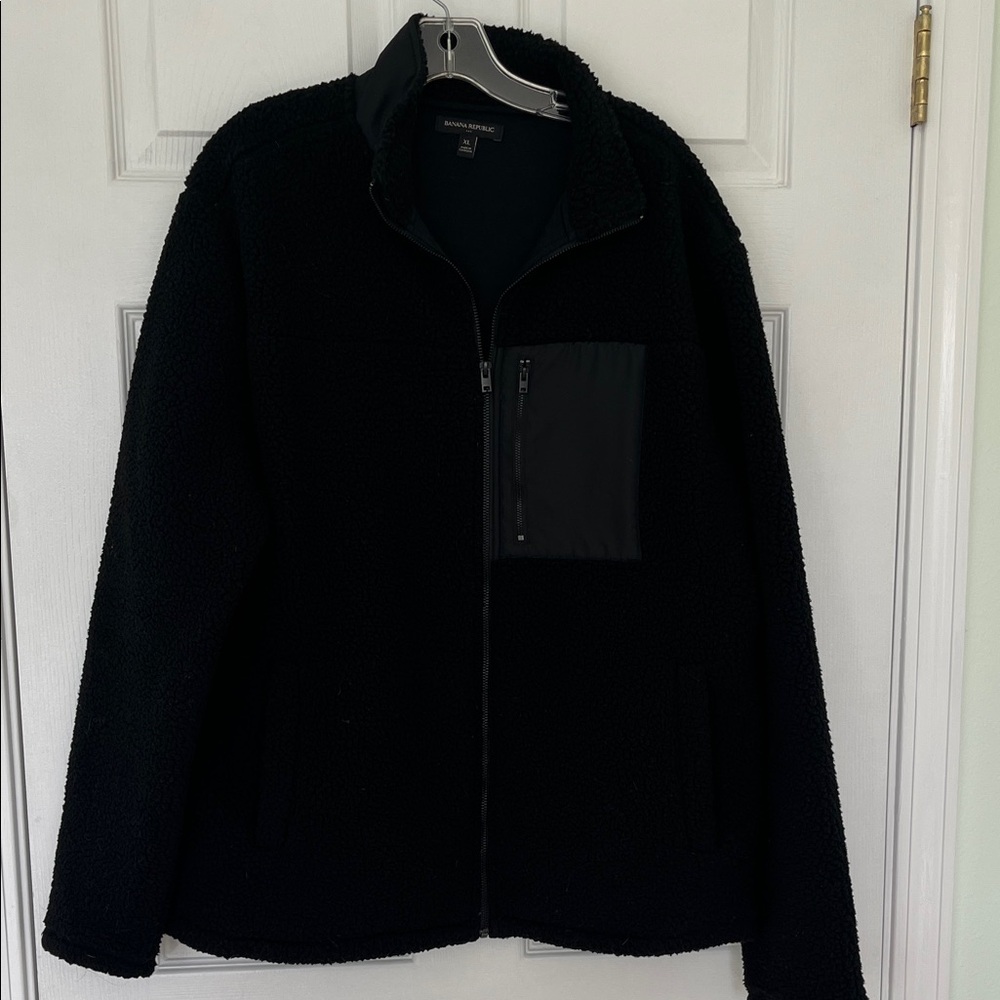 Banana Republic black fleece mock shearling jacket.